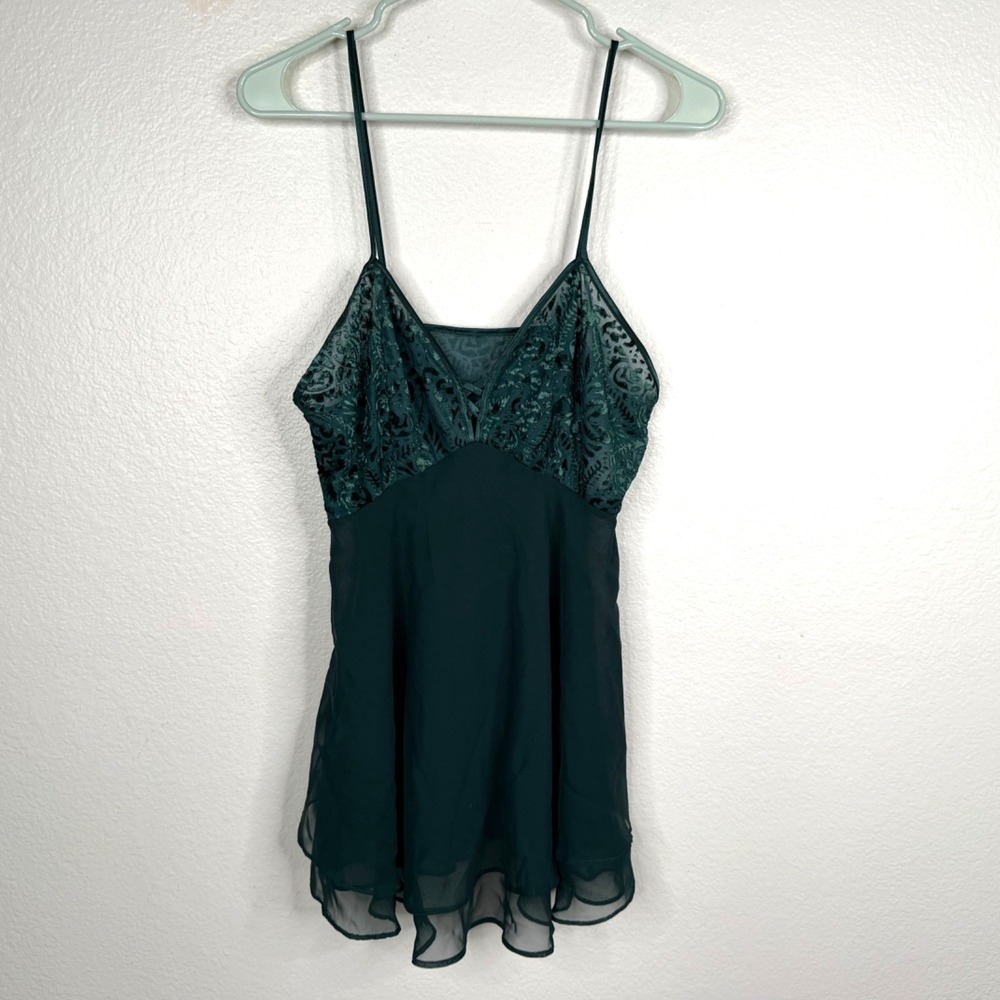 Vtg Expressions By California Dynasty Top Green M Velvet Burnout Babydoll Sheer